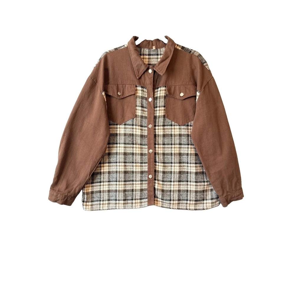 Boho Western Plaid Brown Denim Patchwork Button Up Shacket Jacket 2XL Chore Chic